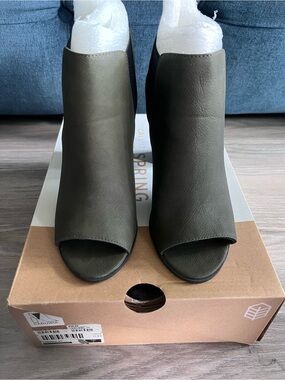Call It Spring Olive Green Peep-Toe Block Heel Booties
